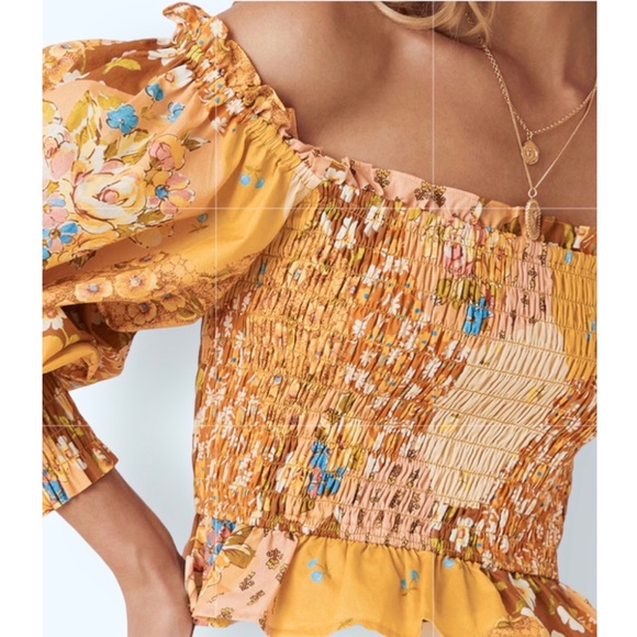 Spell x Free People Freda Shirred XS Yellow Organic Cotton Patchwork Smocked Top - Picture 7 of 16